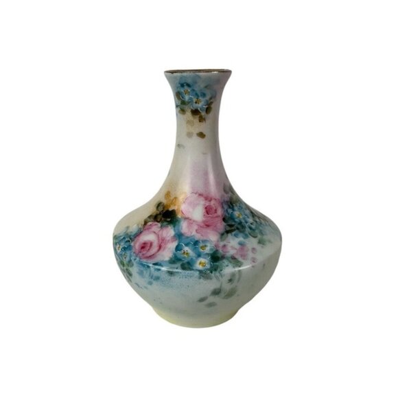 Antique LIMOGES T&V France Bud Vase Hand Painted Forget Me Not Rose Gold Rim 5